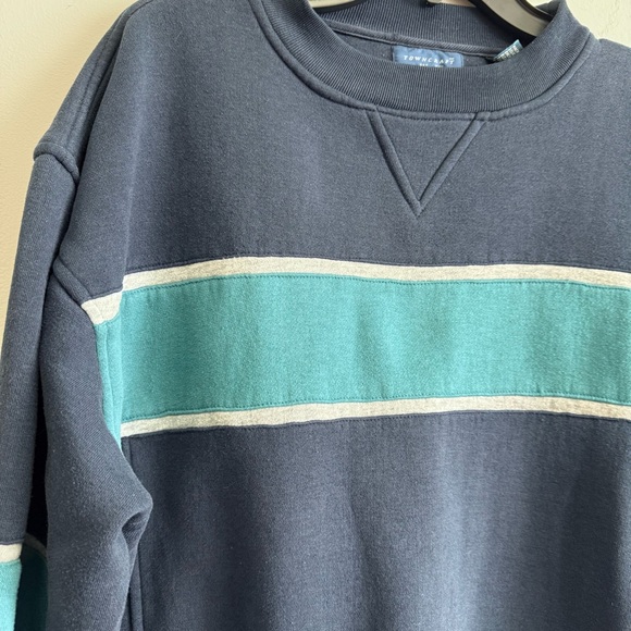 Towncraft XL Navy Blue Pullover Sweatshirt Teal Stripe 90s Retro Colorblock - Picture 2 of 5